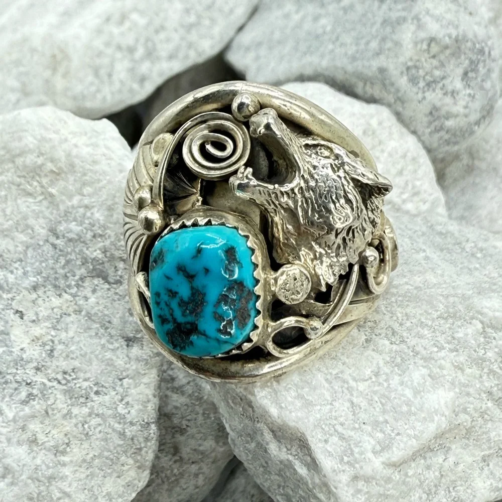 Navajo Sterling Silver Howling Wolf Turquoise Ring —Genevieve Francisco